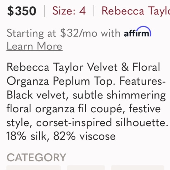 Rebecca Taylor velvet floral organza peplum top size 6 - Picture 8 of 8